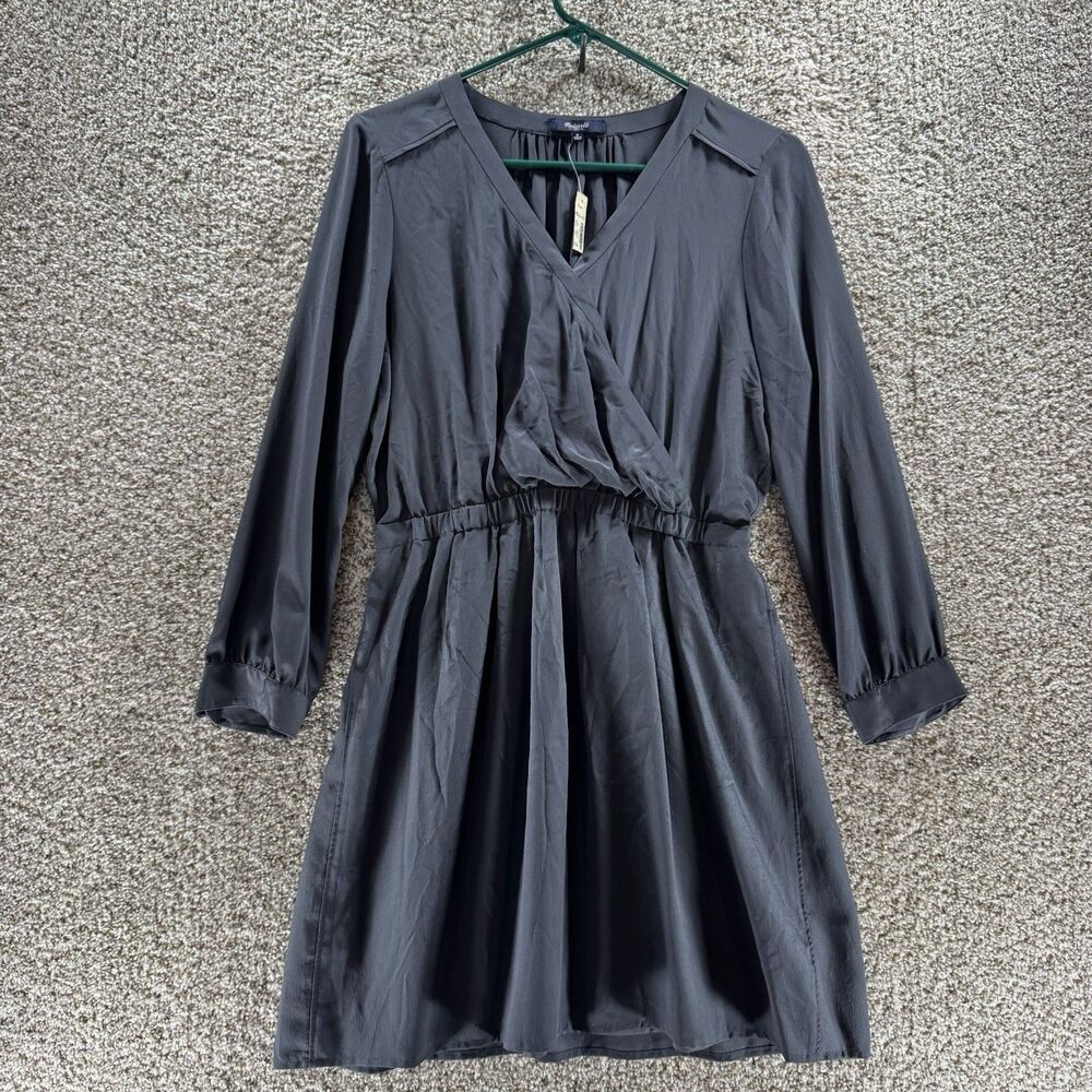 Madewell Faux Wrap Dress Womens 8 Gray 100% Silk New With Tags Above The Knee